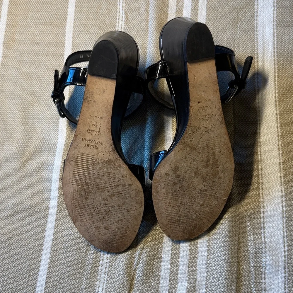 EUC Stuart Weitzman Black Wedge Strappy Open Toe Sandals Size 7.5 - Picture 7 of 7